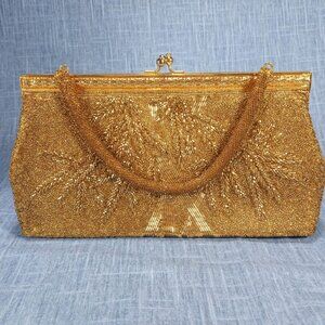 1950s Vintage Evening Bag with Gold Beads Made in Hong Kong